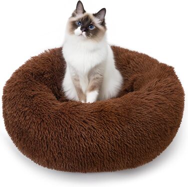 ALLSOPETS заспокійливе ліжко для собак і котів, м'яке плюшеве кругле, для малих і середніх порід, знімний чохол, протиковзка основа, темно-коричневе, 70 см