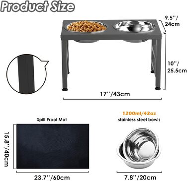 Підвищений годівниця для собак з металу, 25,4 см, з підставкою та 2 мисками з нержавіючої сталі, 40,6 x 61 см, антиковзаюча килимок, сірий колір