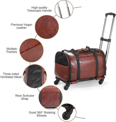 Сумка-переноска для тварин з екошкіри на колесах, для собак та котів до 6,8 кг, схвалена авіакомпаніями, для подорожей, кемпінгу та кав'ярень