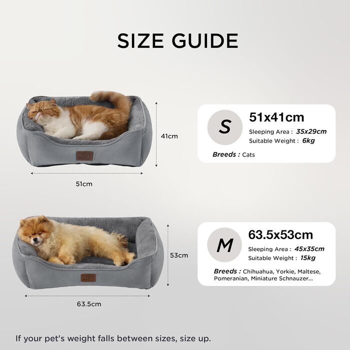 Ліжко для кота BEDSURE велике, миється - 63.5x53 см, неслизьке, для собак маленьких порід, квадратне ліжко-кошик з м'яким бортиком, сіре, 63.5 x 53 см (Д x Ш)