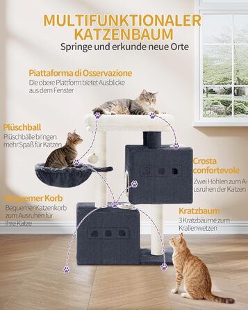 Дерево для котів Hzuaneri, 75 см, зі стійкою конструкцією, великою лежанкою, котячою печеркою, сизалевими стовпчиками, кошиком та іграшками, сірий колір