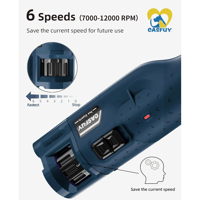 Електричний точилка для кігтів собак та котів Casfuy - 6 режимів, 45 dB, з LED-підсвічуванням, для великих, середніх та маленьких тварин, з захистом від пилу, блакитний