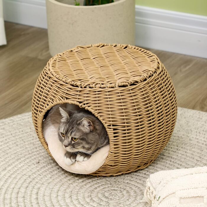 Будиночок-лежак для кота PawHut із поліратану, з м'якою подушкою, 40x30 см, світло-коричневий