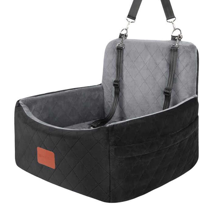 Автокрісло для собак маленьких порід, переносна лежанка для собак з memory foam, знімний та пральний чохол, автокрісло для собак з 3-точковими ременями безпеки (Чорний/Сірий, Маленький)