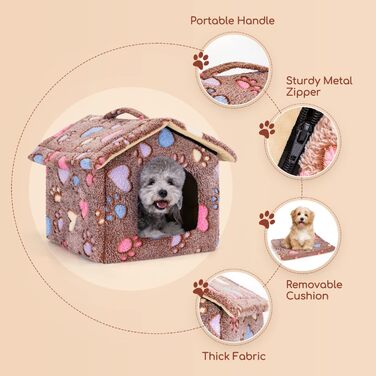 Будка для собак і котів Nobleza, зимостійка, 42x39x33 см, переносний лежак, знімний будиночок, коричнева, з матрацом