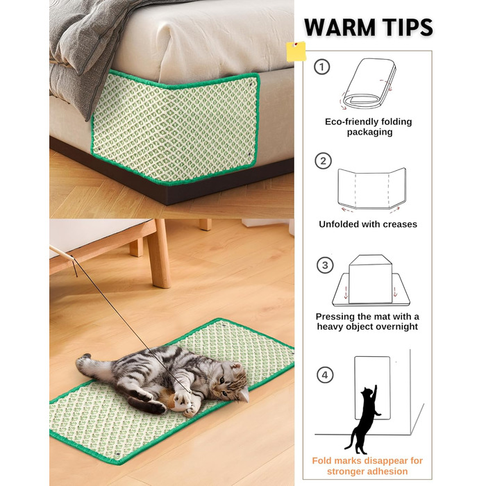 Килимок для дряпання котів JanYoo, сизаль, 60x25 см, 2 шт, зелений. Захист для підлоги, стін, меблів
