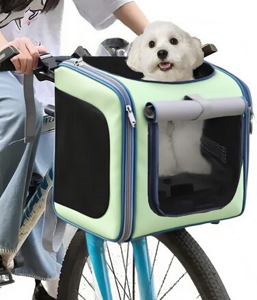 Кошик для собак на велосипед, розкладний, зелений. Кошик для тварин до 10 кг з 4 дверцятами та сітковими вікнами.