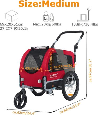 DOGGYHUT® Преміум візок для собак 2-в-1: буксир та візок для собак до 23 кг (червоний)