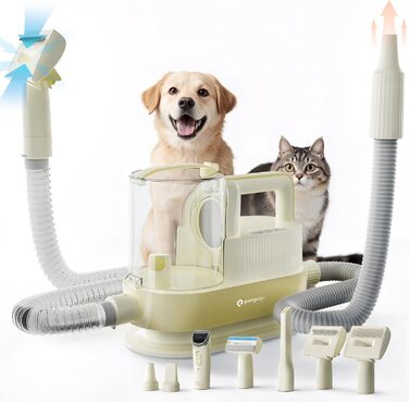 Набір для грумінгу тварин 7-в-1: шерсть, пилосос, фен. Потужність 11000Pa, об'єм контейнера 2.5л, 3 режими сили всмоктування та температури. Підходить для собак та котів. Колір: жовтий.