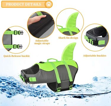 Жилет для плавання собак Doglay з принтом акули, середній розмір, зелений. Забезпечує плавучість та безпеку під час купання та відпочинку на воді.