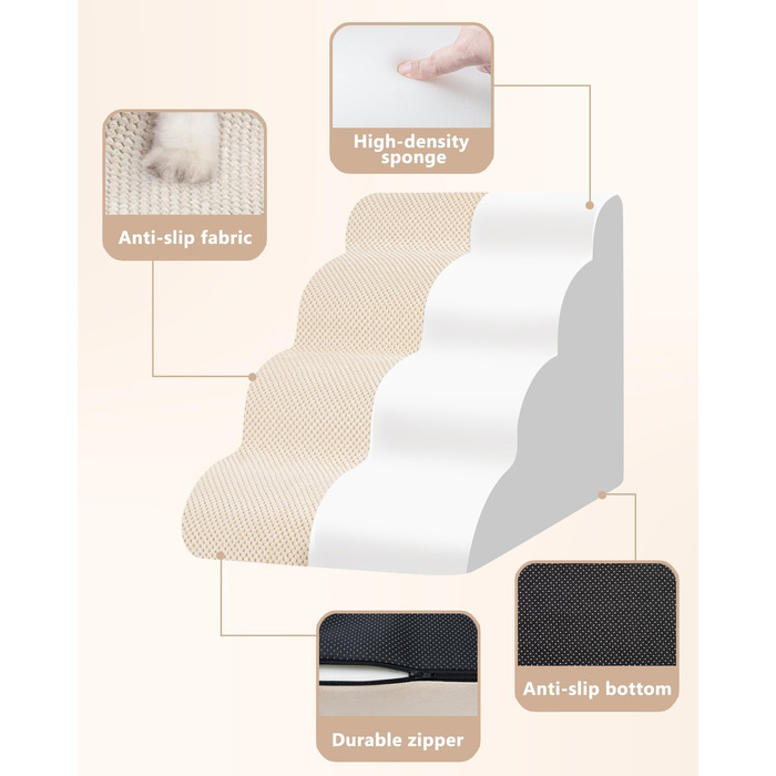 Сходинки для собак та котів на ліжко/диван, 4-х ступінчасті, з антиковзним покриттям, зручні та довговічні (26x15.7x17.4 см, Бежевий)