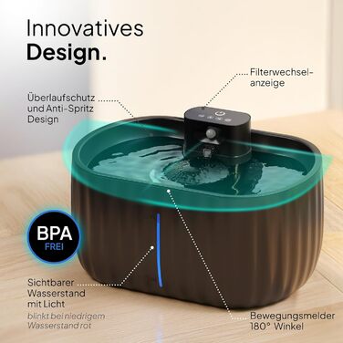 Автоматичний котячий фонтан Pretty Paw Aqua Sense, бездротовий, з датчиком руху, фільтром та резервуаром 3 л, чорний – поїлка для котів з акумулятором на 45 днів