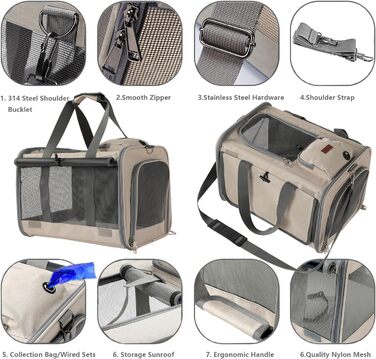 Сумка-переноска для собак та котів, велика, з м'якими боковинами, дихаюча, з сонцезахистом, для подорожей (Хакі)