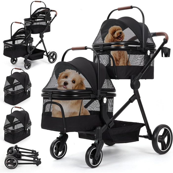 Складаний двоярусний візок для собак та котів до 22 кг, з сітчастими віконцями, тримачем для напоїв та місцем для зберігання. Ідеально для двох маленьких собак або котів. Легкий та зручний двошаровий візок.