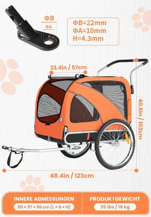 SEPNINE® Причіп для собак XL 2-в-1, велосипедний та візок для собак до 40 кг, складний з гальмами та з'єднувачем для середніх та великих собак - Синій (Помаранчевий)