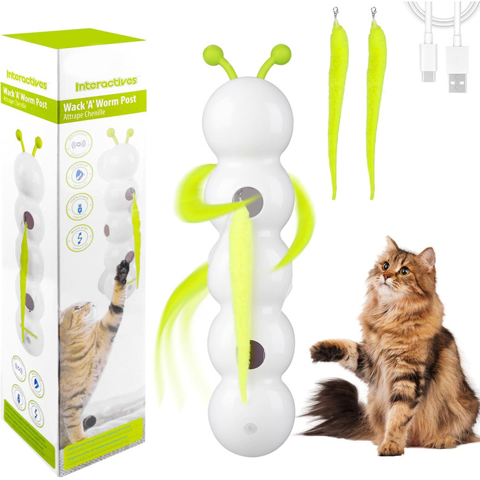 Інтерактивна іграшка для котів Vibbang Wusel Wurm: розумний черв'ячок з датчиками руху, кріплення на стіну/вікно, для котів середніх та маленьких порід