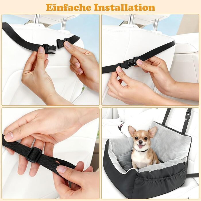 Автокрісло для собак - стабільне, для малих порід (до 12 кг), з ременем безпеки, водовідштовхувальне, знімний килимок, бічні кишені