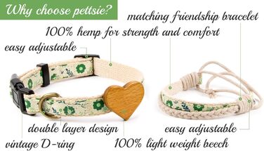 Нашийник для собак Pettsie з серцем та браслетом дружби, регульовані розміри S та M, зручний дизайнерський льон, міцний та довговічний, чудовий подарунок для любителів собак, (35,6 - 50,8 см (M), Зелений)