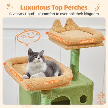 Дерево-подряпування Taoqimiao 180 см, велике, для котів, з 2 будиночками, гамаком, корзиною та 8 стовпчиками, зелений колір, MSC026L