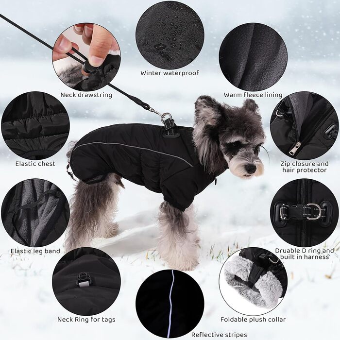 Зимовий теплий одяг для собак середніх порід: тепла жилетка з флісу, водонепроникний зимовий костюм, вітрозахисна куртка. Чорний колір.
