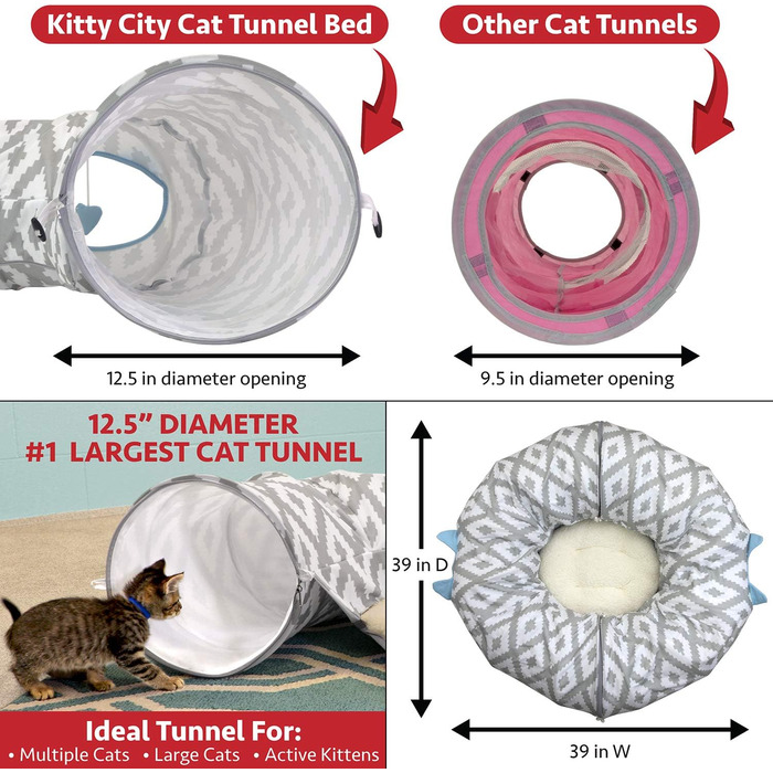 Kitty City Велике тунельне ліжко для котів, біле, іграшка та спальне місце для котів, поп-ап конструкція