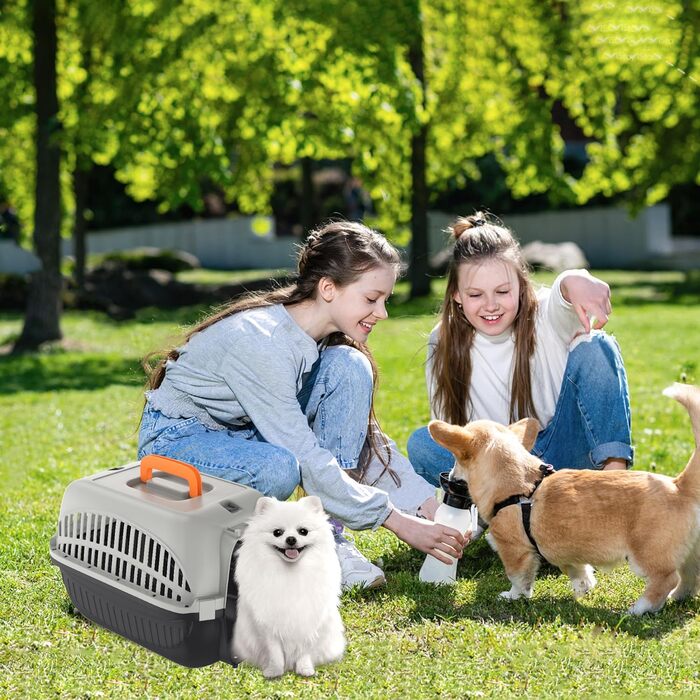 Транспортна переноска для собак та котів Aufun, 48x32x32 см, пластик з металевим ґратом, сіра+чорна