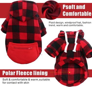 Теплий зимовий пуловер для собак з капюшоном та кишенею, в клітинку, розміри S-5XL (2XL, чорно-червоний)