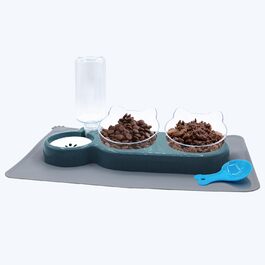Набір мисок для котів та собак з диспенсером води, киликом та лопаткою, нахил 15°, миски для сухого та вологого корму, темно-синій