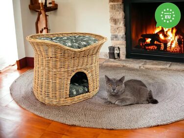 Кошик для котів XL 70 см овальний з лози, двоповерхове ліжко для котів і собак з м'якими темно-сірими подушками, натуральний колір, котяча хата для дому