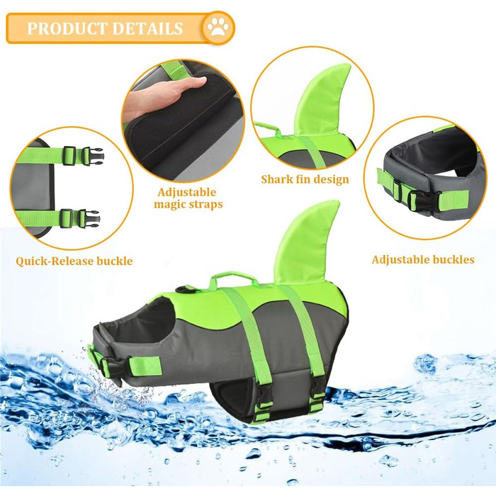 Жилет для плавання собак Doglay з принтом акули, середній розмір, зелений. Забезпечує плавучість та безпеку під час купання та відпочинку на воді.