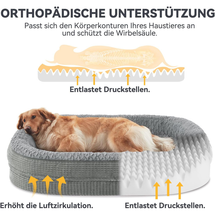 Ортопедичне ліжко для собак великих та середніх порід, XL, з м'якою подушкою для шиї, Memory Foam, вологостійке, неслизьке, знімний кошик, сірий, 107 x 81 x 19 см