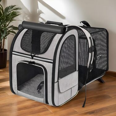 Транспортна сумка для котів, рюкзак для маленьких собак, дихаюча та розширювана сумка для тварин, сіра (з чорною основою)