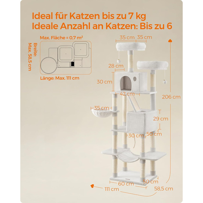 Котячий комплекс Feandrea 206 см, 13 стовпчиків, 2 платформи, 2 будиночки, кошик, гамак, канат, плюш, багаторівневий для домашніх котів, кремовий PCT190T01