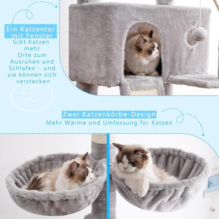 Котячий будиночок Hey-brother Kratzbaum: регульований котячий комплекс 250-280 см, до стелі, для великих котів, з гніздом, сірий, 0MPJ091W