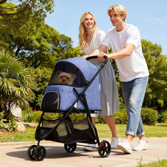 Візок для собак та котів YITAHOME 15 кг, 3 колеса, сітка, гальма, міцний, для середніх тварин (Джинсовий, 38 x 87 x 100 см)