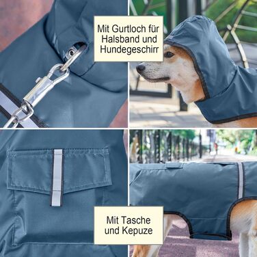 Водонепроникна куртка для собак KoKoBin з капюшоном, світловідбиваючими елементами, легка та дихаюча, для середніх та великих собак (M, сіро-блакитний)