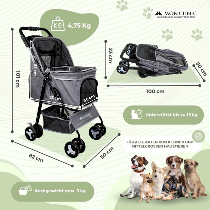 Візок для собак Mobiclinic® Pets, сірий, до 15 кг, з великим кошиком, 3 вікна, гачок для води, поворотні колеса з гальмом