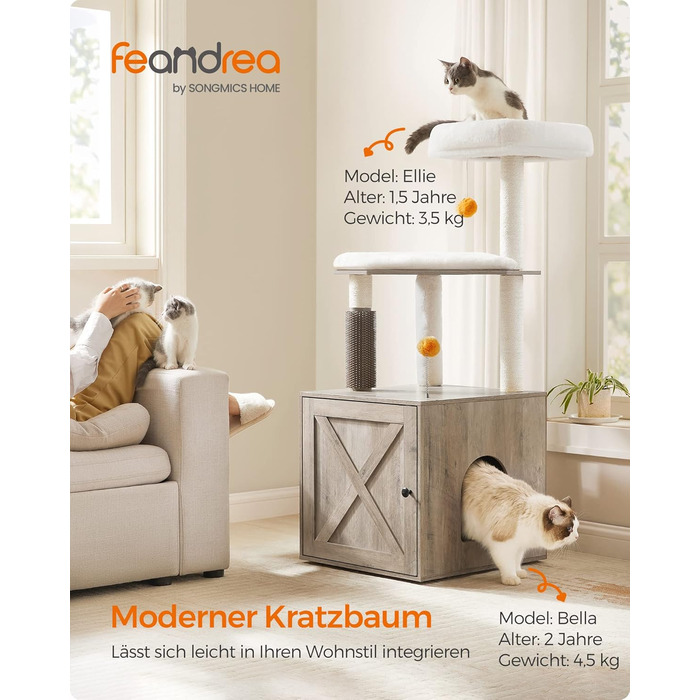 Котячий комплекс Feandrea WoodyWonders 2-в-1 з когтеточкою, туалетом у шафі, 134 см, з драпаком, платформою, знімними подушками, грейж