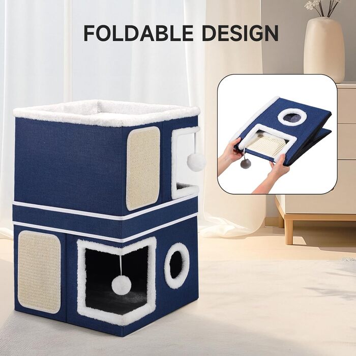 Кітчине гніздо Shikha, великий будиночок для котів, 3-ярусний куб для котів з дряпалкою та іграшкою, 61x45x32 см, блакитний