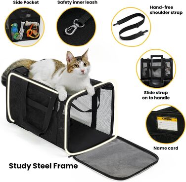 Транспортна переноска для кота Conlun, м'яка переноска з сіткою з 4 сторін, підходить для перевезення в літаку, для кошенят та невеликих котів до 6 кг, чорна, 43x28x28 см