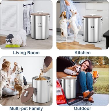 Контейнер для корму для собак та котів з нержавіючої сталі, 25 кг, з дерев'яним кришкою та ручкою з кераміки, великий, для зберігання, легко миється