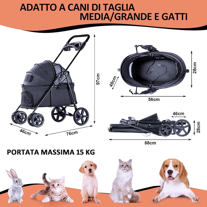 Візок для собак та котів, складний, до 15 кг, чорний