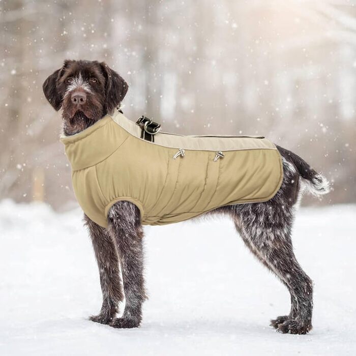 Водонепроникний теплий зимовий одяг для собак - куртка-манжетка з отвором для шлейки, армійський камуфляж, для собак маленьких, середніх та великих порід, з світловідбиваючими смугами, блискавкою (S, Абрикосовий)