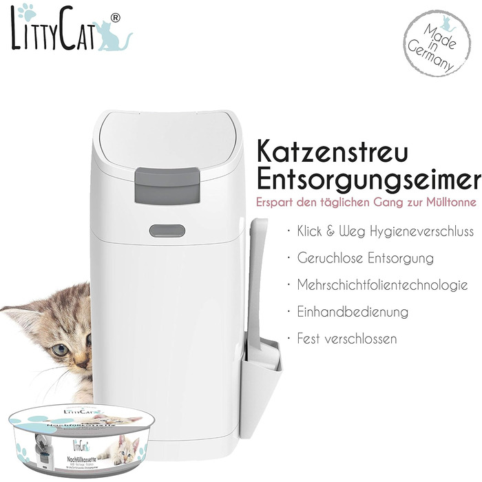 Відро для сміття з котячого туалету Littycat з лопаткою - з картриджем для поповнення - котячий туалет, відро для котячого туалету біло-сірий + 1 картридж біло-сірий