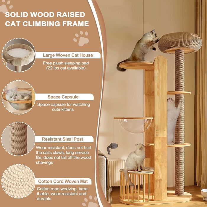 Великий котячий будиночок з подряпальником 190 см - стабільний дерев'яний комплекс для котів з посиленою колоною з сизалю, великим сплетеним будиночком, 3 оглядовими платформами та просторою капсулою, для великих котів