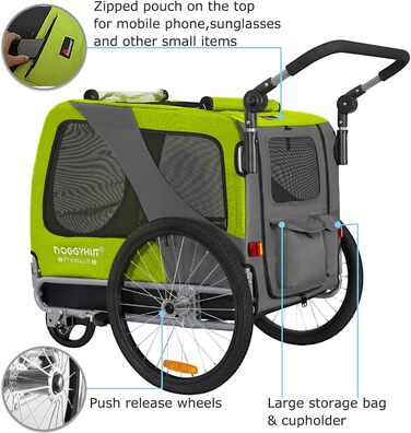DOGGYHUT® Преміум великий велосипедний причіп для собак 2 в 1, буксир для собак, біговий причіп для собак, великий об'єм 270 літрів, для середніх та великих собак до 35 кг, зелений / чорний