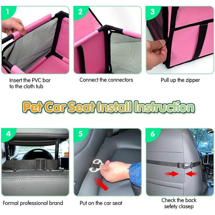 Автокрісло для собак: міцне, водовідштовхувальне, для малих та середніх порід, рожеве, з рамою