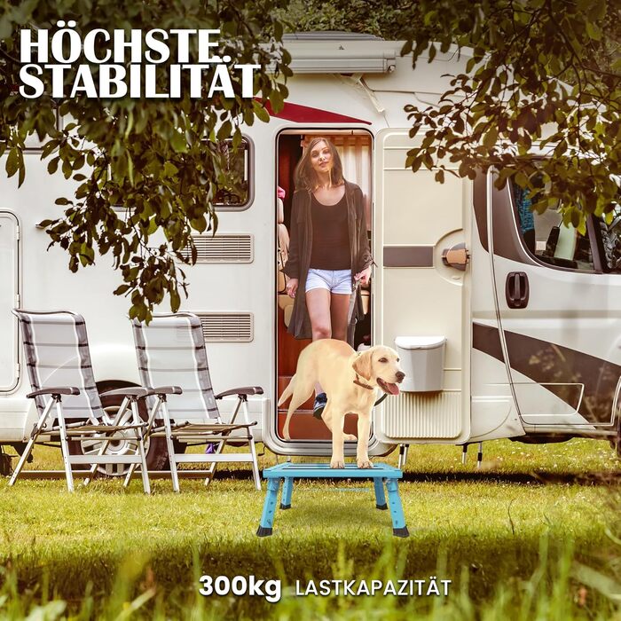 Алюмінієва розкладна сходинка-підставка, 300 кг, 3 сходинки, регульована висота, широка антиковзна поверхня, для автодому, саду та сходинок для собак, легка та складна (Блакитна)