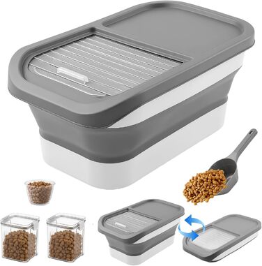 Контейнер для корму для собак та котів, 7 кг, сірий, з мірним стаканом та ложкою