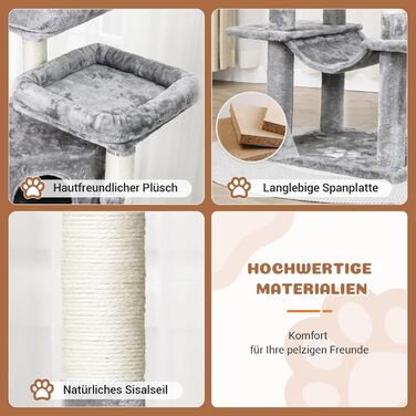 MSmask Котячий будиночок-кігтеточка великий, 180 см, з сизалевих стовпів, 2 платформи, 2 будиночки, кошик, гамак, стабільний, багатоповерховий, сірий